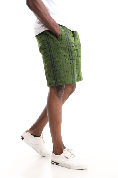 Men’s Luxury Handwoven Aso-Oke Shorts – Olive Eyelet Stripe