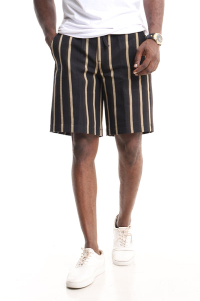 Luxury Handwoven Aso-Oke Drawstring Shorts – Black & Gold Stripe