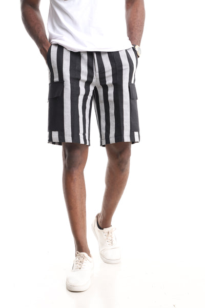 Luxury Handwoven Aso-Oke Cargo Shorts – Black & White Stripe