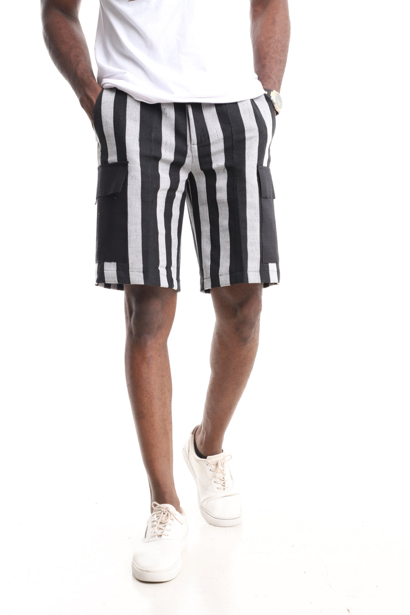 Luxury Handwoven Aso-Oke Cargo Shorts – Black & White Stripe