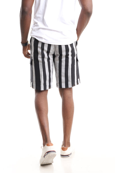 Luxury Handwoven Aso-Oke Cargo Shorts – Black & White Stripe