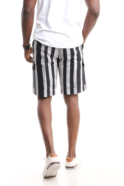 Luxury Handwoven Aso-Oke Cargo Shorts – Black & White Stripe