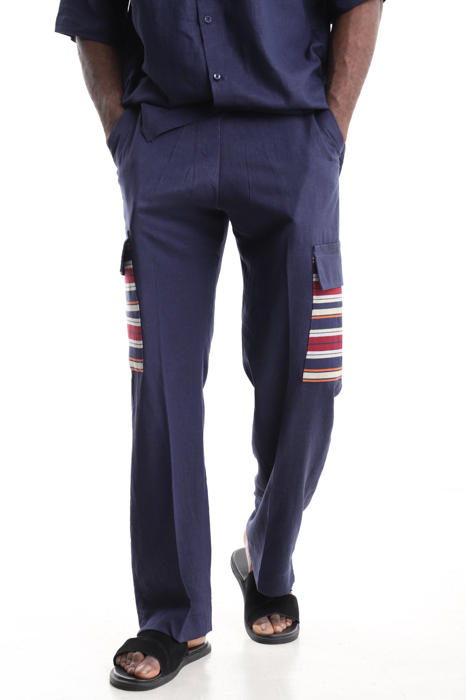 Men’s Navy Blue Linen Cargo Trousers