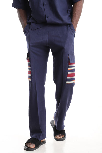 Men’s Navy Blue Linen Cargo Trousers
