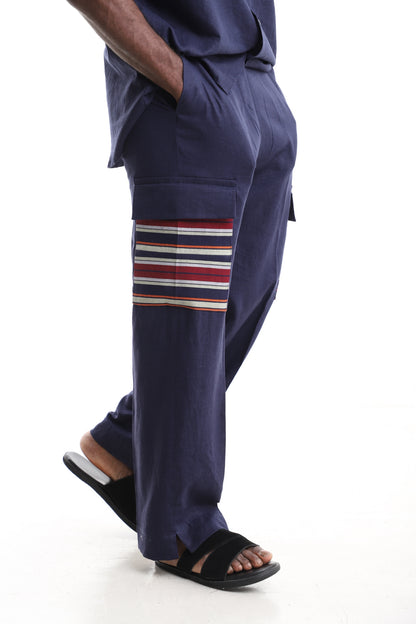 Men’s Navy Blue Linen Cargo Trousers