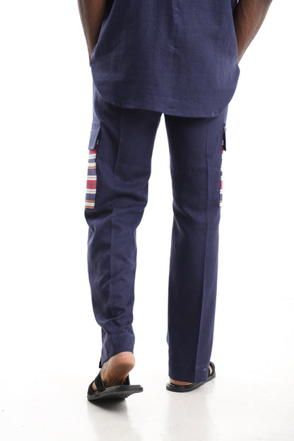 Men’s Navy Blue Linen Cargo Trousers