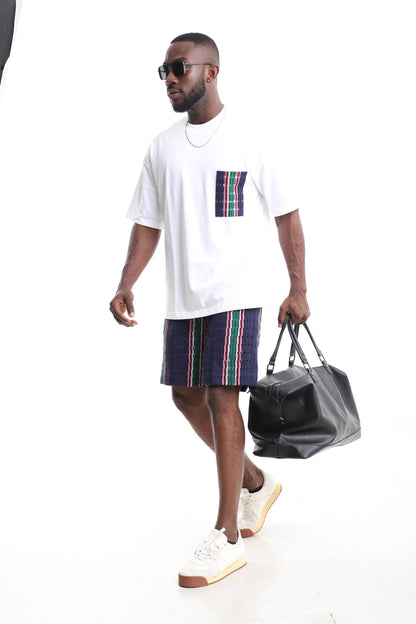 Men’s African Aso-Oke Two-Piece Set | White Pocket T-Shirt & Perforated Cargo Shorts