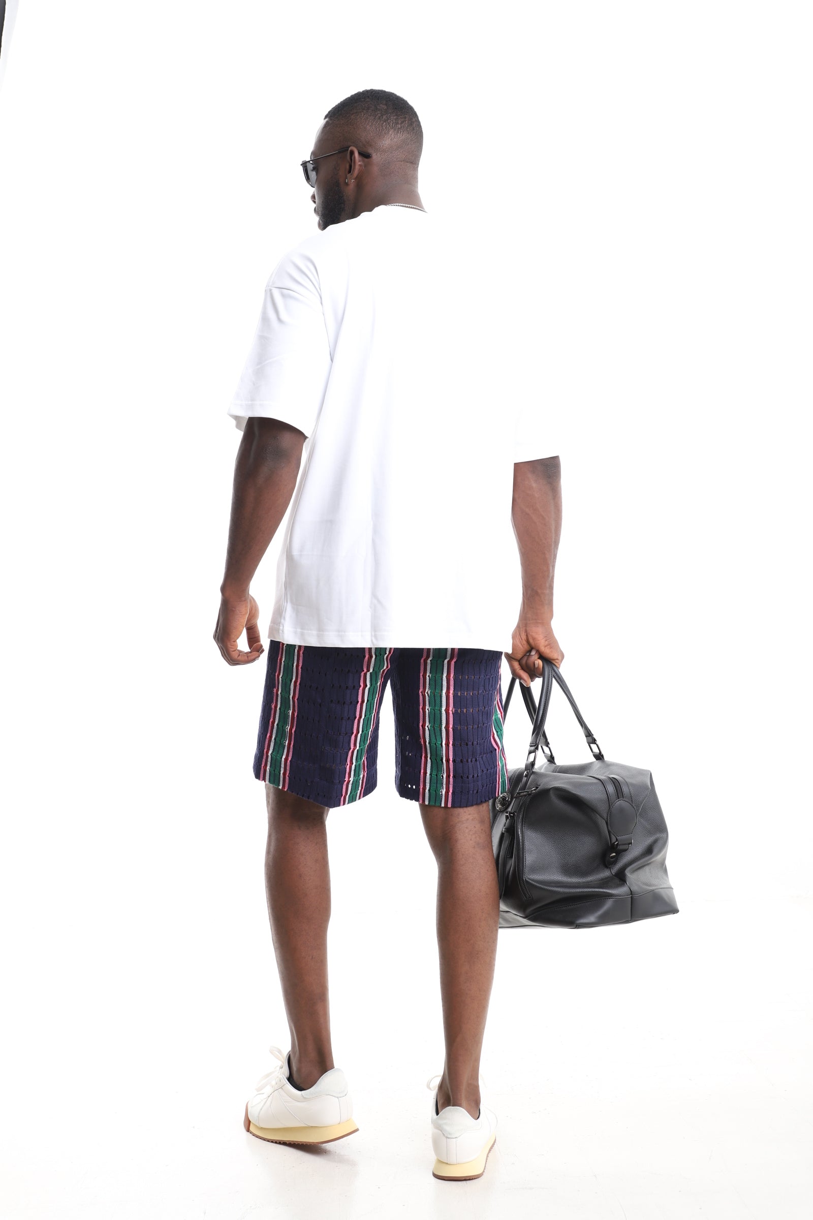 Men’s African Aso-Oke Two-Piece Set | White Pocket T-Shirt & Perforated Cargo Shorts