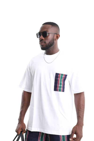 Men’s White Aso-Oke Pocket T-Shirt