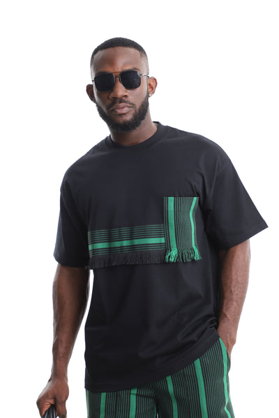 Men’s Black Aso-Oke Fringe T-Shirt