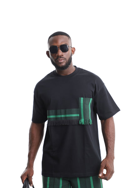 Men’s Black Aso-Oke Fringe T-Shirt