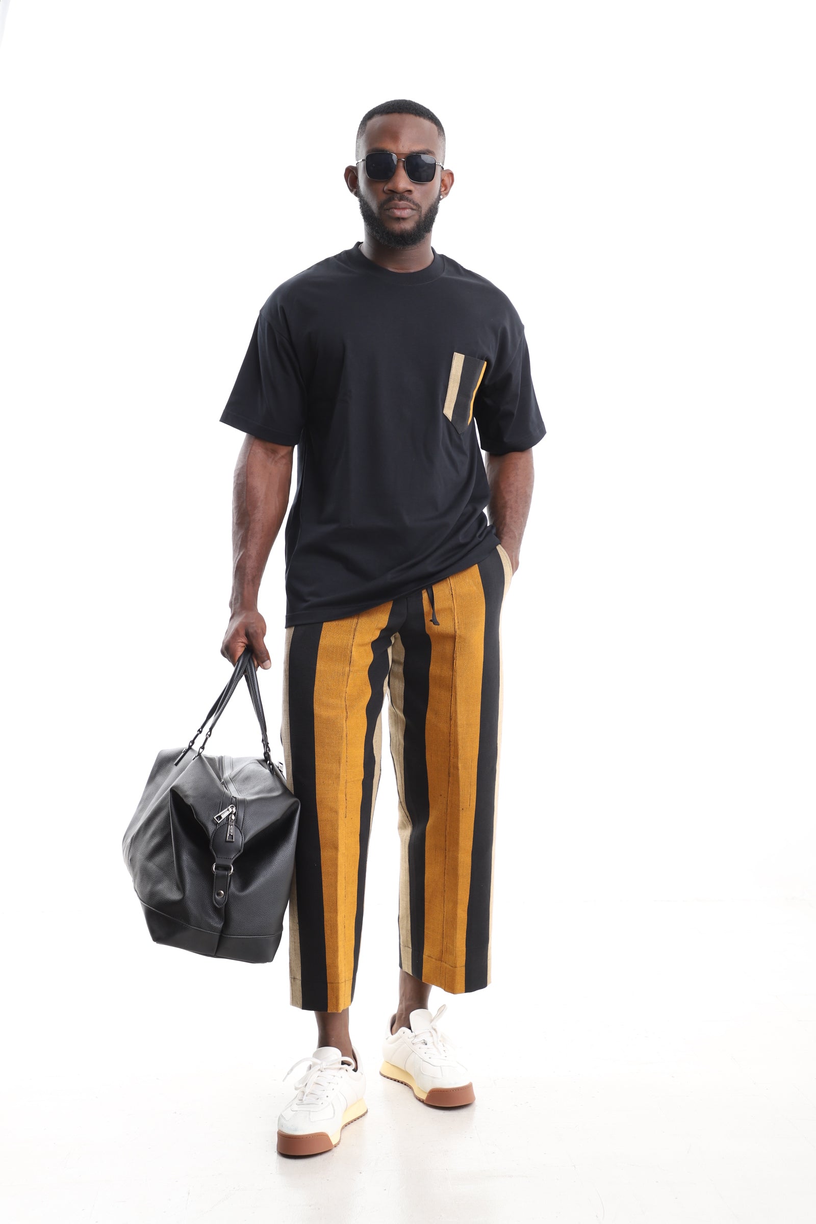 Men’s African Aso-Oke Two-Piece Set | Black Pocket T-Shirt & Mustard Yellow Pants