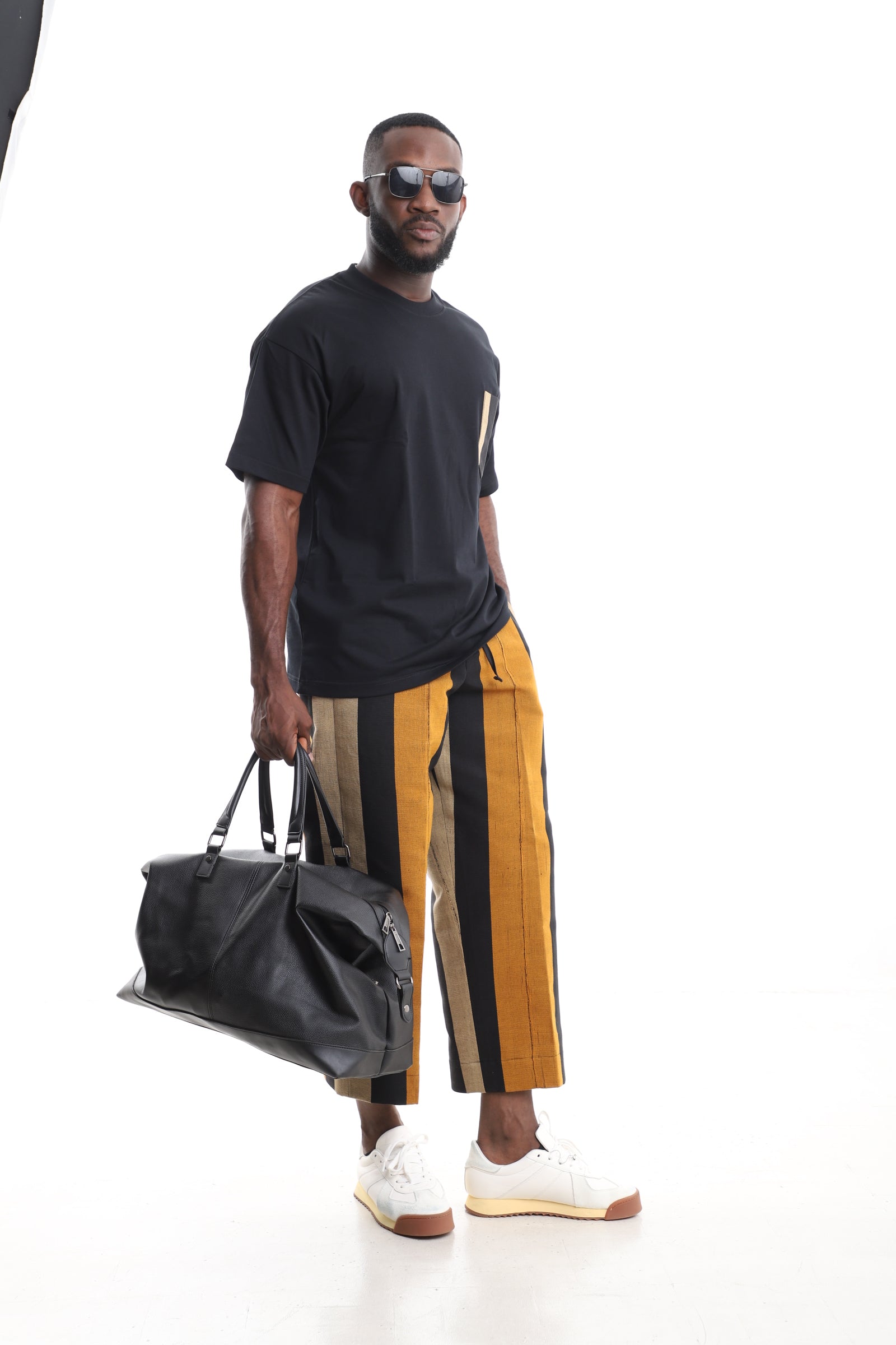 Men’s African Aso-Oke Two-Piece Set | Black Pocket T-Shirt & Mustard Yellow Pants