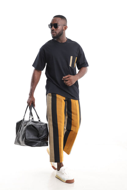 Men’s African Aso-Oke Two-Piece Set | Black Pocket T-Shirt & Mustard Yellow Pants
