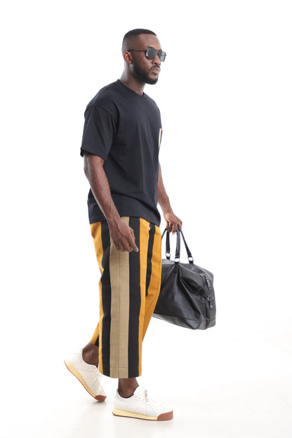 Men’s African Aso-Oke Two-Piece Set | Black Pocket T-Shirt & Mustard Yellow Pants