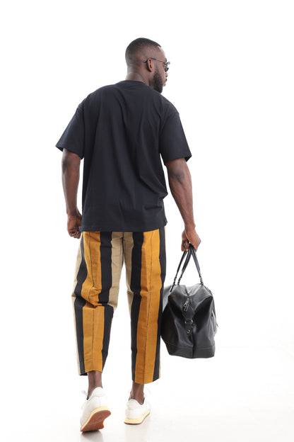 Men’s African Aso-Oke Two-Piece Set | Black Pocket T-Shirt & Mustard Yellow Pants