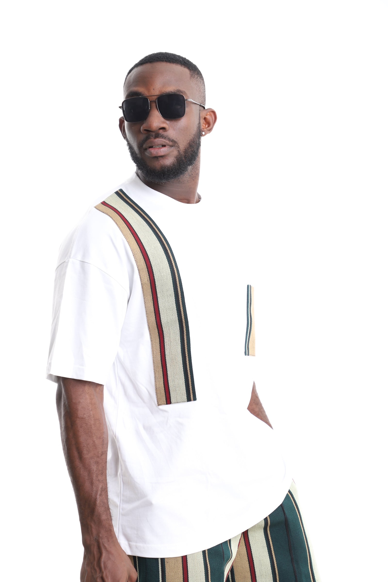 Men’s White Aso-Oke Panel T-Shirt