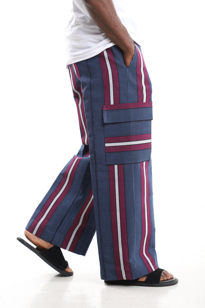 Men’s Navy & Magenta Striped Aso-Oke Cargo Pants