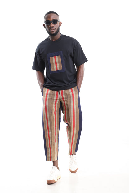 King Kaftan Aso-Oke Pants with Black T-Shirt Set – Front View – African men's fashion Nigeria