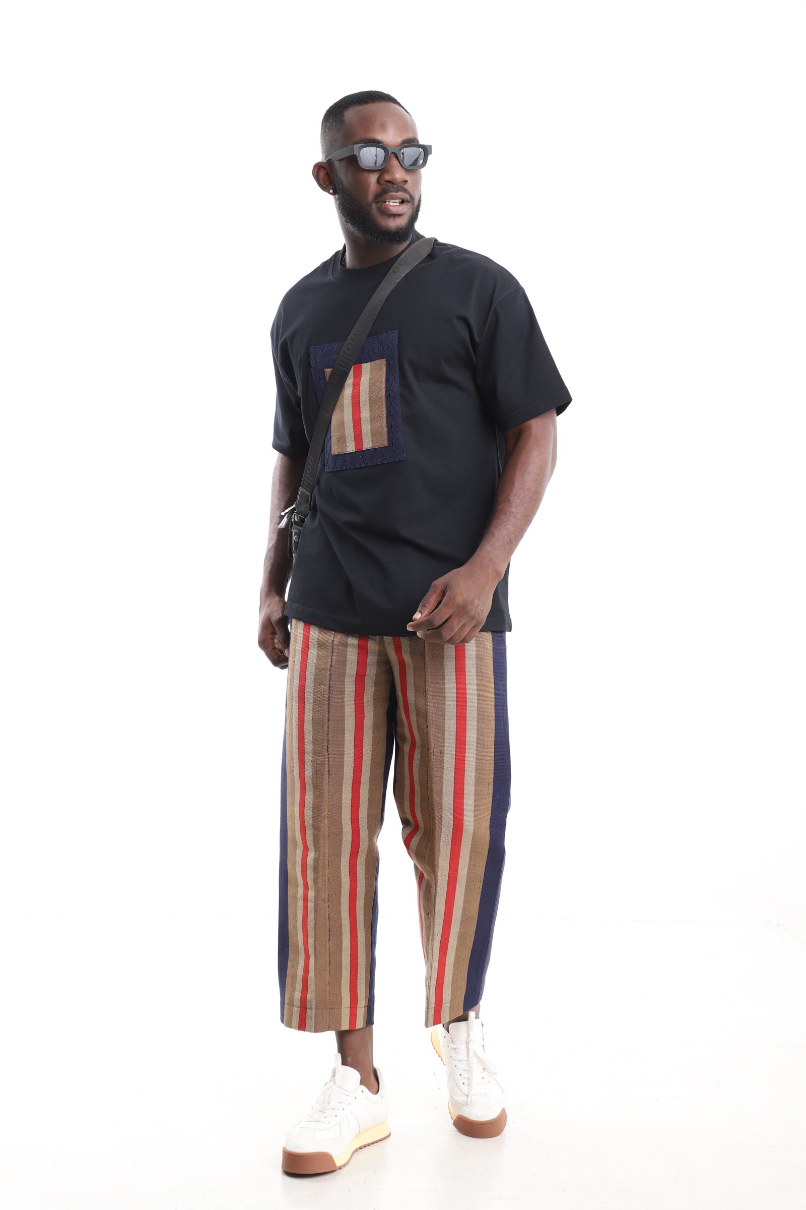 King Kaftan Aso-Oke Pants with Black T-Shirt Set – Side View – African men's fashion Nigeria