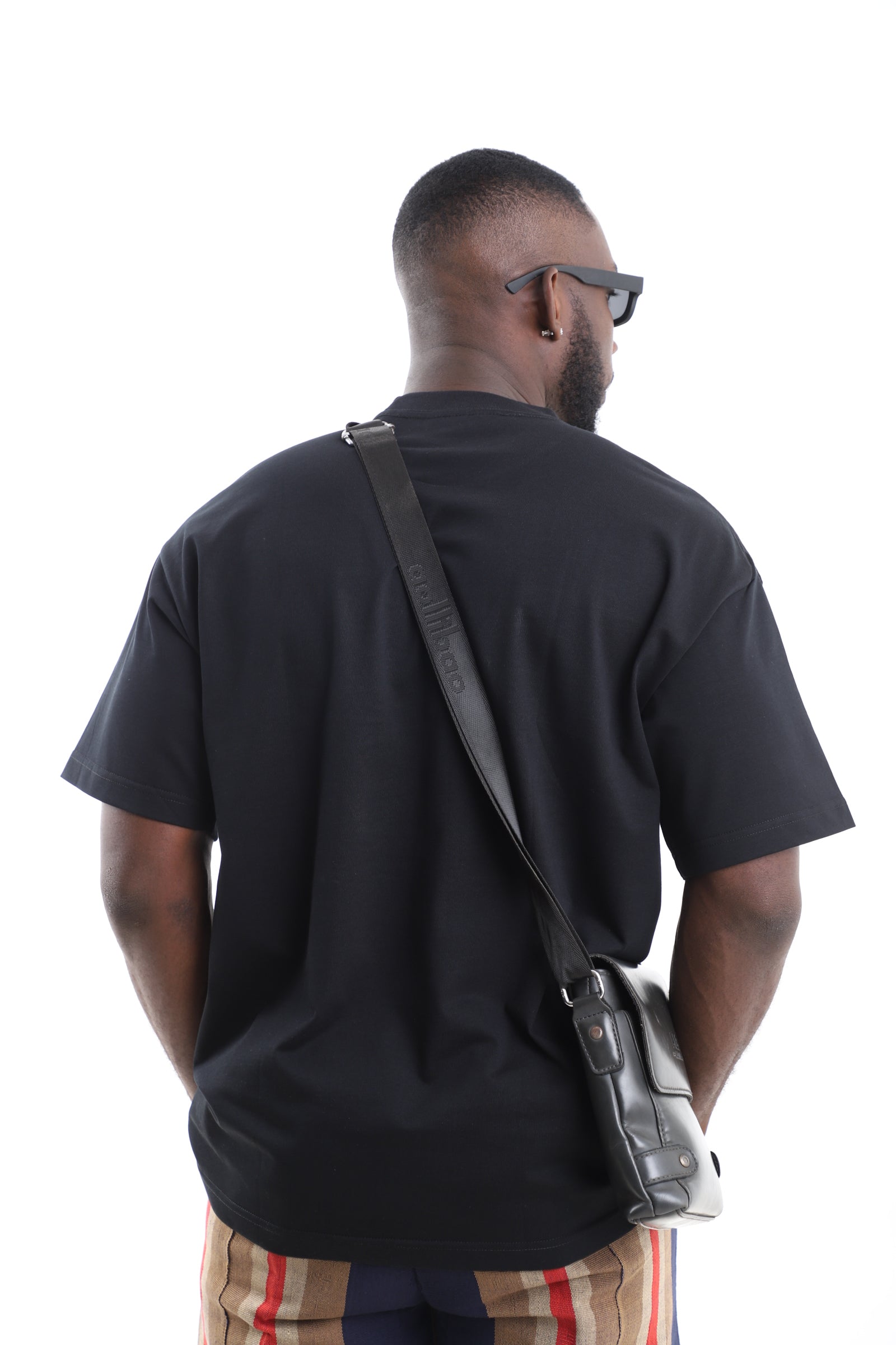 King Kaftan Black Cotton Oversized T-Shirt with Striped Patch – Back View – African men's fashion Nigeria
