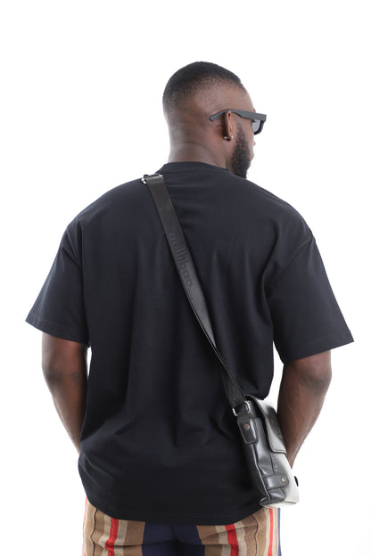 King Kaftan Black Cotton Oversized T-Shirt with Striped Patch – Back View – African men's fashion Nigeria