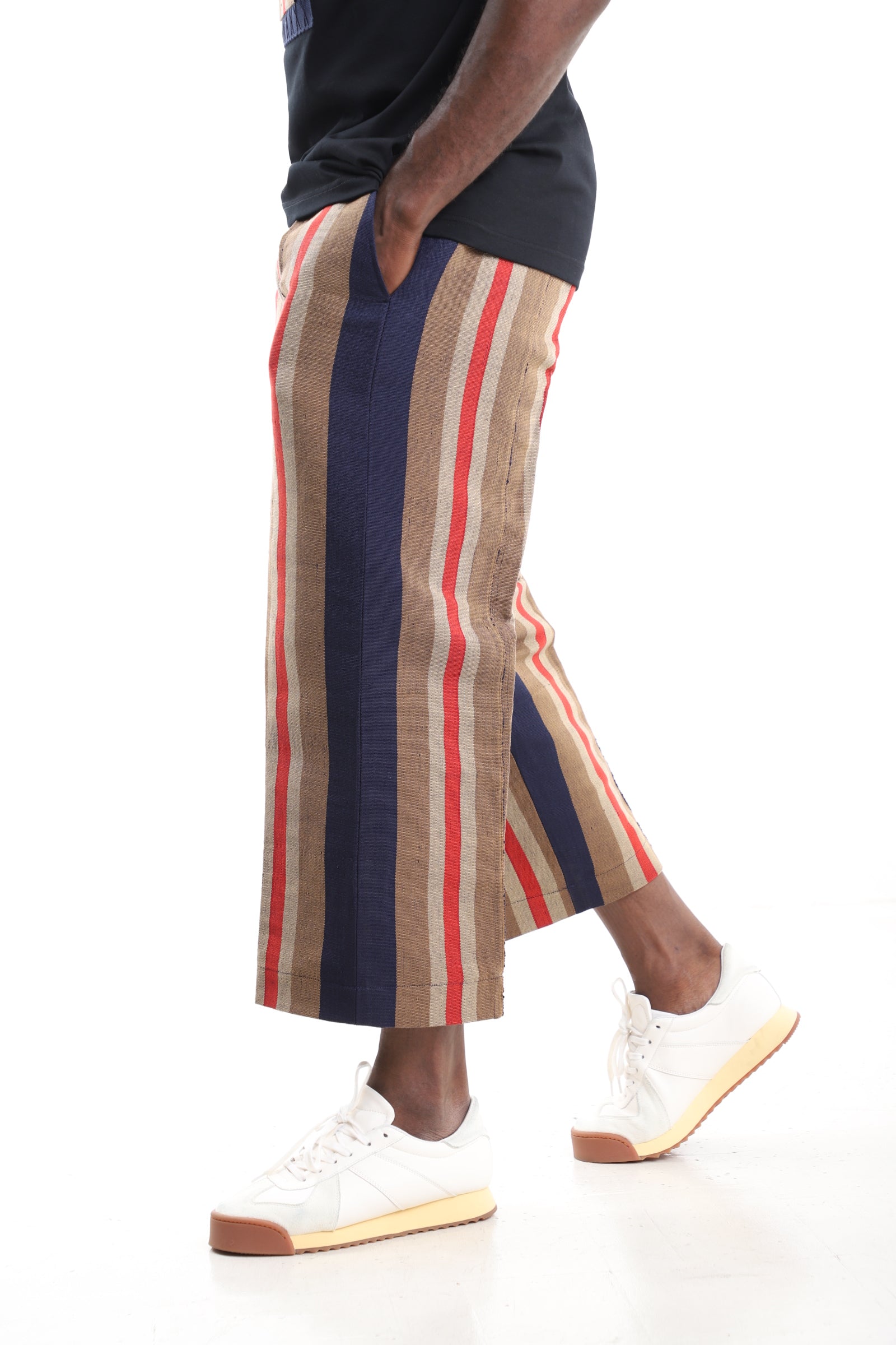 Striped Handwoven Aso-Oke Cropped Trousers – Side View – African men's fashion Nigeria