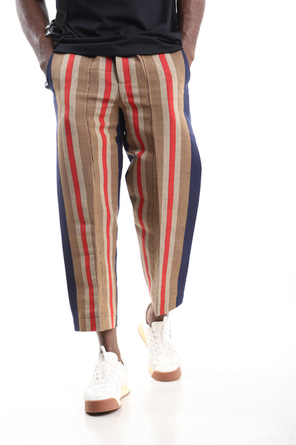 Striped Handwoven Aso-Oke Cropped Trousers – Front View – African men's fashion Nigeria