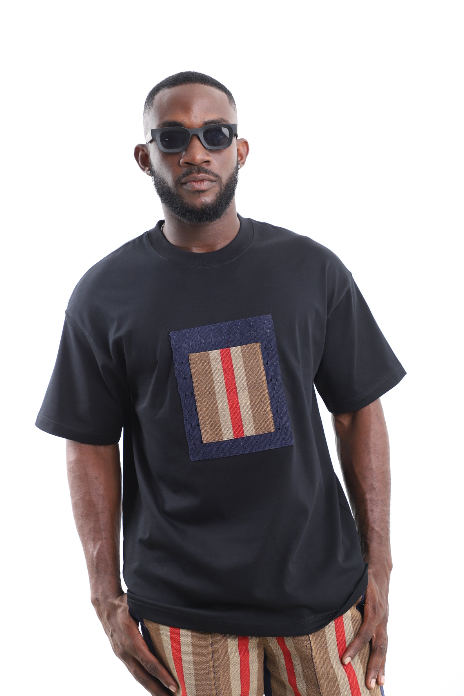 King Kaftan Black Cotton Oversized T-Shirt with Striped Patch – Chest Patch Detail – African men's fashion Nigeria