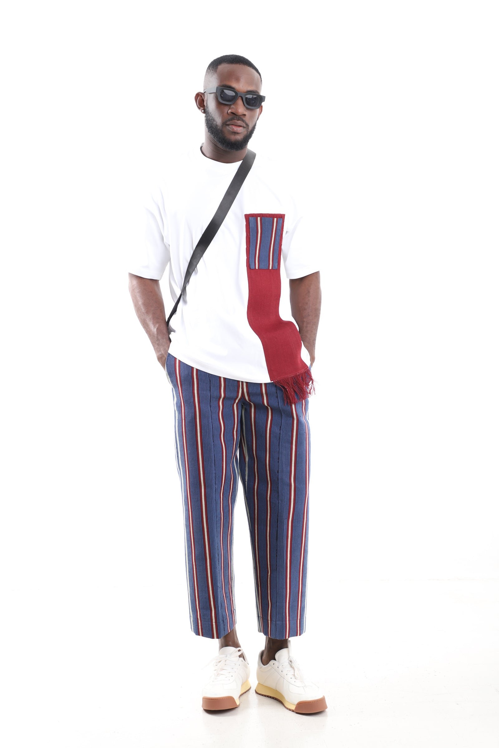 King Kaftan Aso-Oke Pants with White T-Shirt Set – Front View – African men's fashion Nigeria