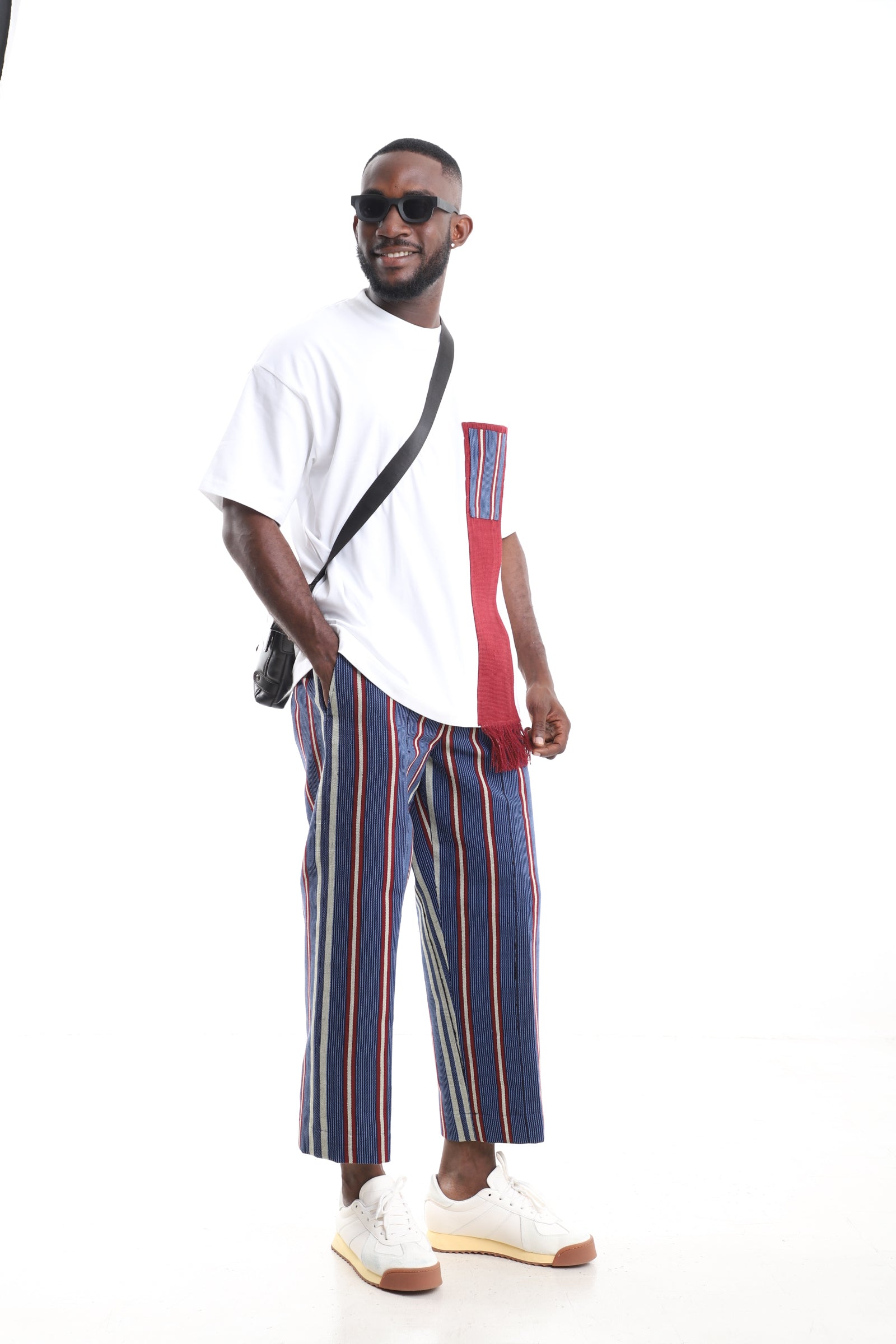 King Kaftan Aso-Oke Pants with White T-Shirt Set – Side View – African men's fashion Nigeria