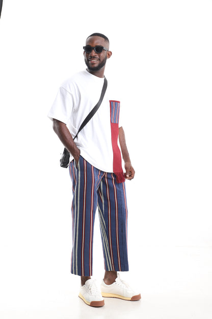 King Kaftan Aso-Oke Pants with White T-Shirt Set – Side View – African men's fashion Nigeria