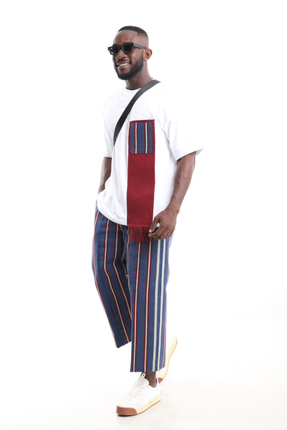 King Kaftan Aso-Oke Pants with White T-Shirt Set – Fringe Detail – African men's fashion Nigeria