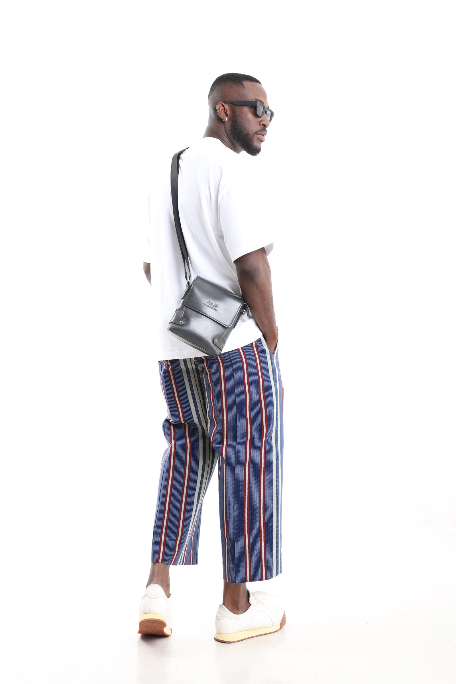 King Kaftan Aso-Oke Pants with White T-Shirt Set – Back View – African men's fashion Nigeria