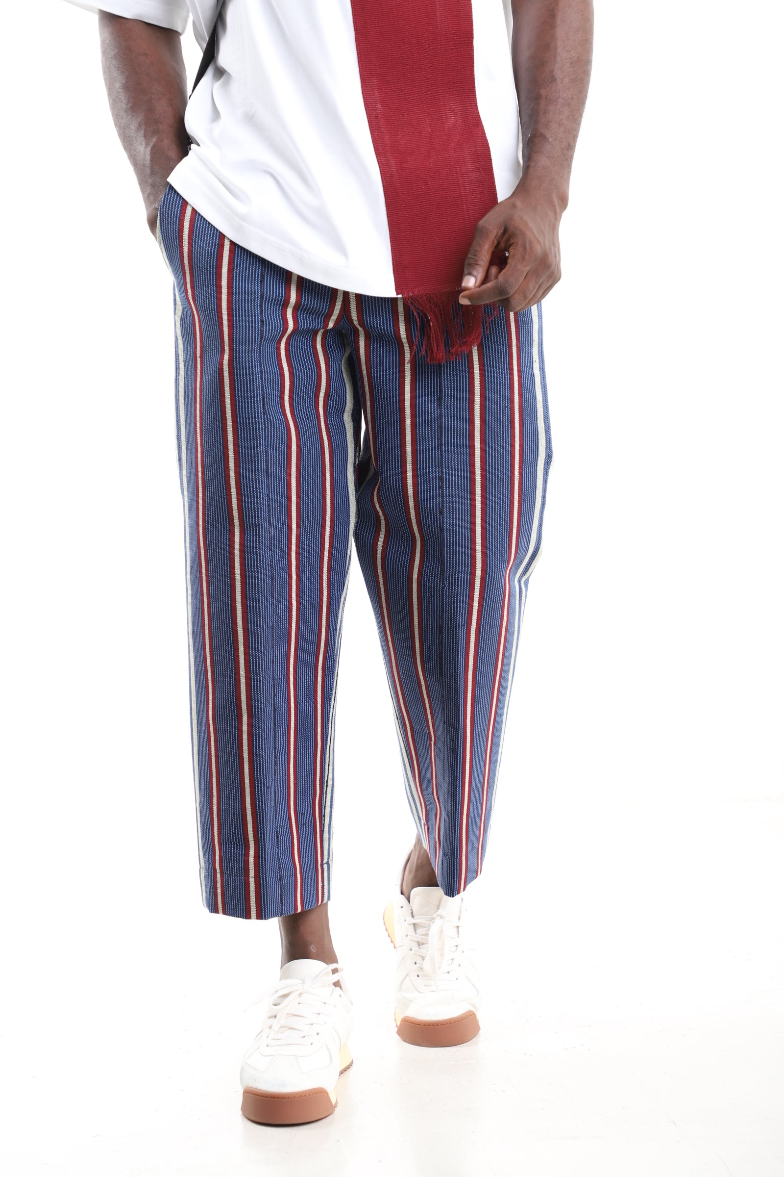 Blue Striped Handwoven Aso-Oke Cropped Trousers