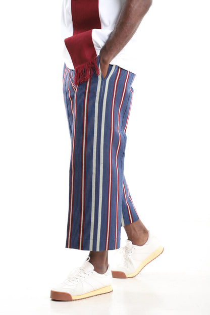Blue Striped Handwoven Aso-Oke Cropped Trousers