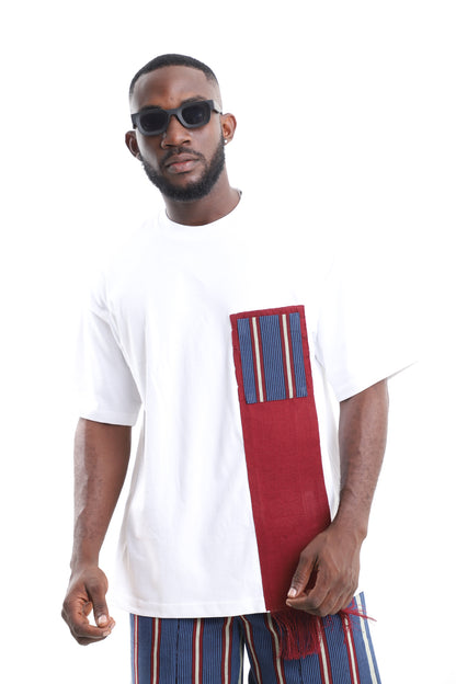 King Kaftan White Cotton Oversized T-Shirt with Aso-Oke Fringe Accent – Front View – African men's fashion Nigeria