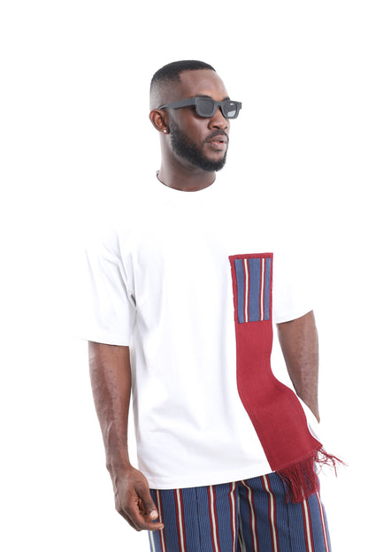 King Kaftan White Cotton Oversized T-Shirt with Aso-Oke Fringe Accent – Side View – African men's fashion Nigeria