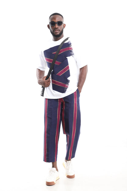 King Kaftan Aso-Oke Pants with White T-Shirt Set – Crossbody Sash Accent Detail – African men's fashion Nigeria