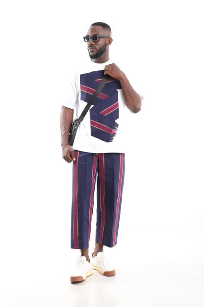 King Kaftan Aso-Oke Pants with White T-Shirt Set – Front View – African men's fashion Nigeria