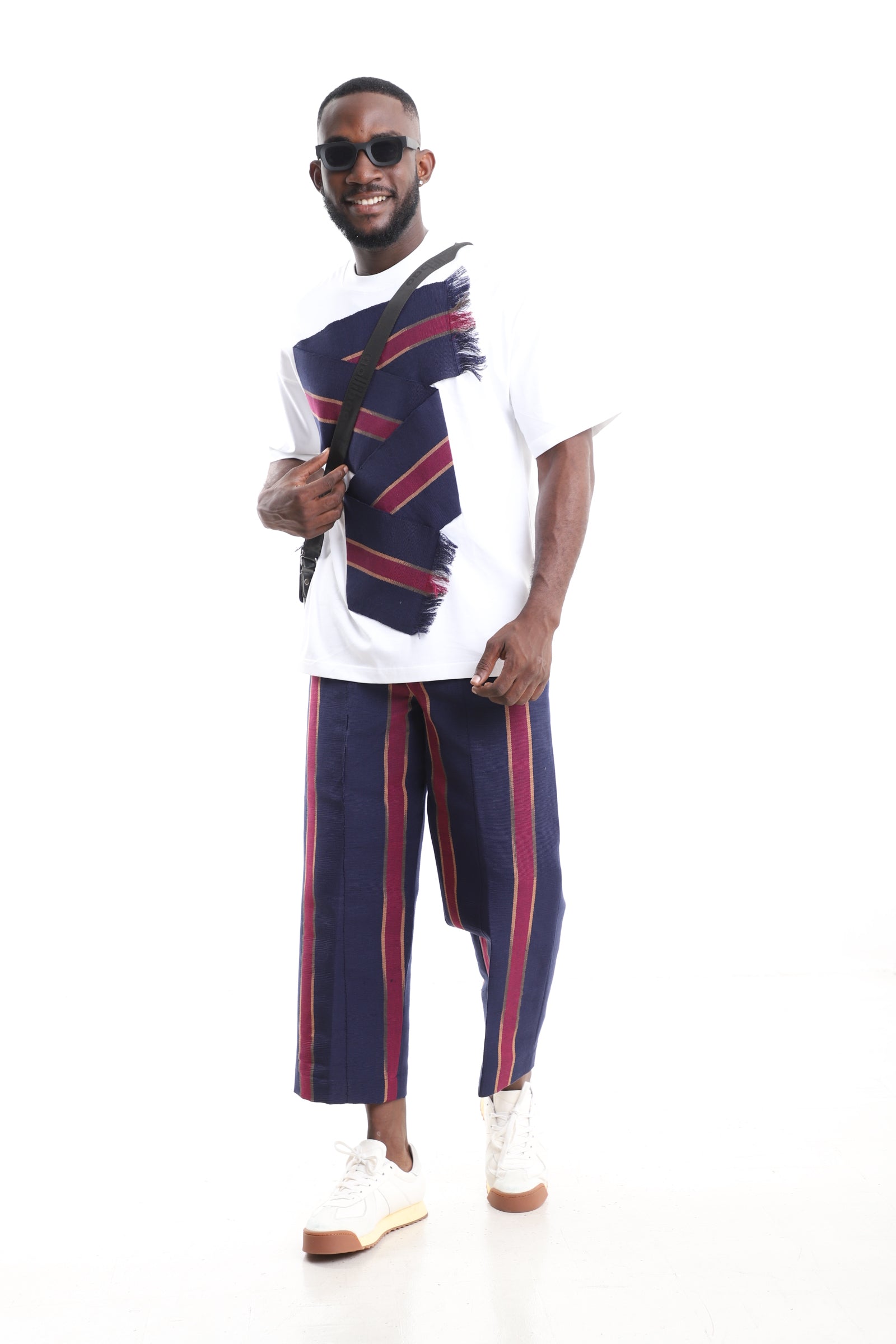 King Kaftan Aso-Oke Pants with White T-Shirt Set – Side View – African men's fashion Nigeria