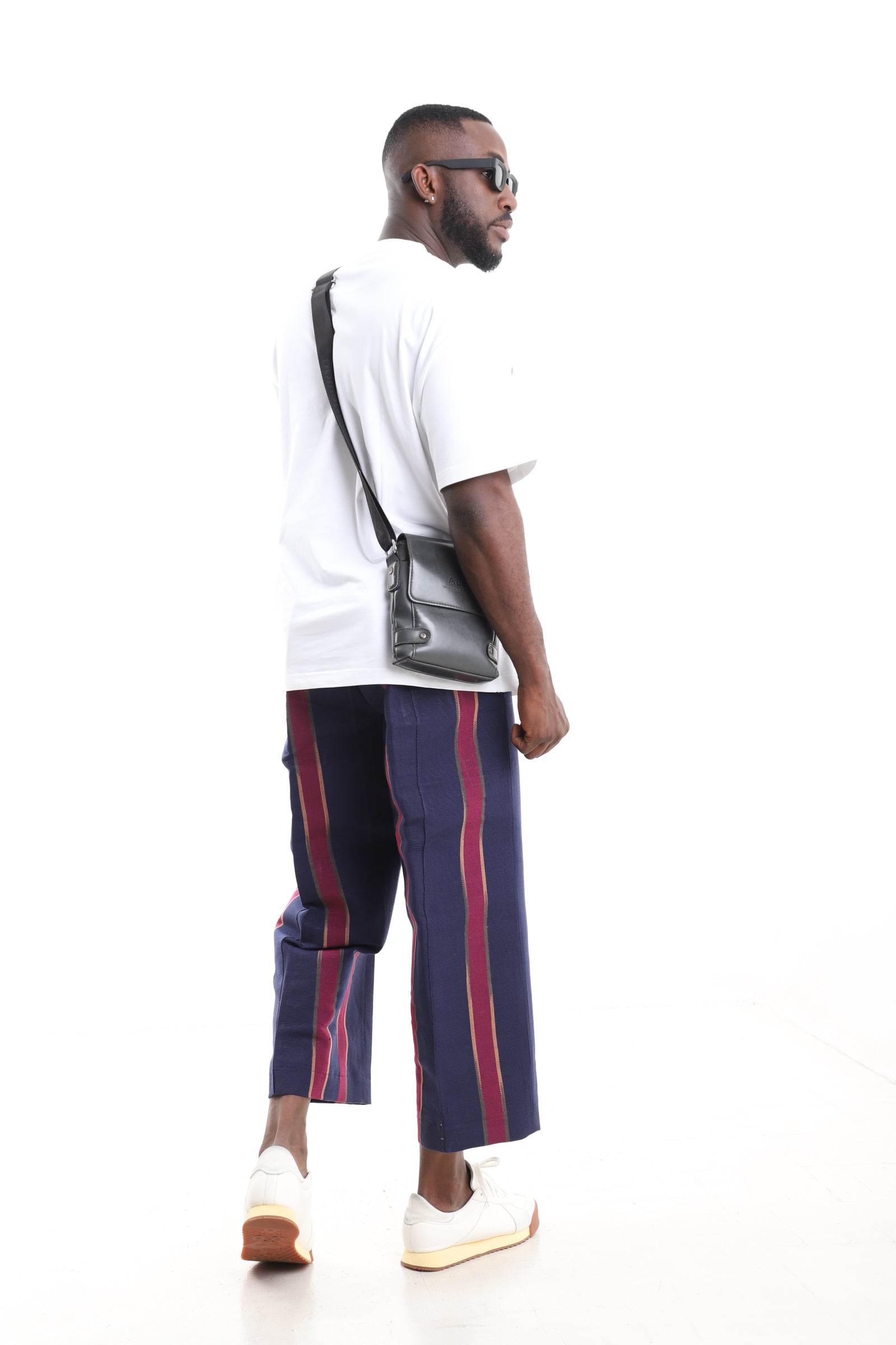 King Kaftan Aso-Oke Pants with White T-Shirt Set – Back View – African men's fashion Nigeria