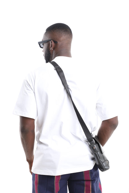 King Kaftan White Cotton Oversized T-Shirt with Aso-Oke Sash Appliqué – Back View – African men's fashion Nigeria