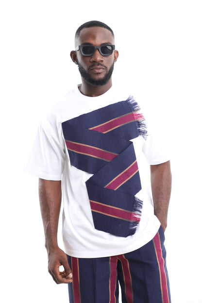King Kaftan White Cotton Oversized T-Shirt with Aso-Oke Sash Appliqué – Front View – African men's fashion Nigeria