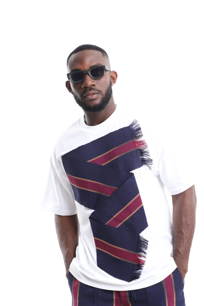 King Kaftan White Cotton Oversized T-Shirt with Aso-Oke Sash Appliqué – Sash Appliqué Detail – African men's fashion Nigeria