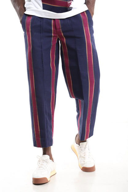 King Kaftan Navy and Magenta Handwoven Aso-Oke Cropped Trousers – Front View – African men's fashion Nigeria