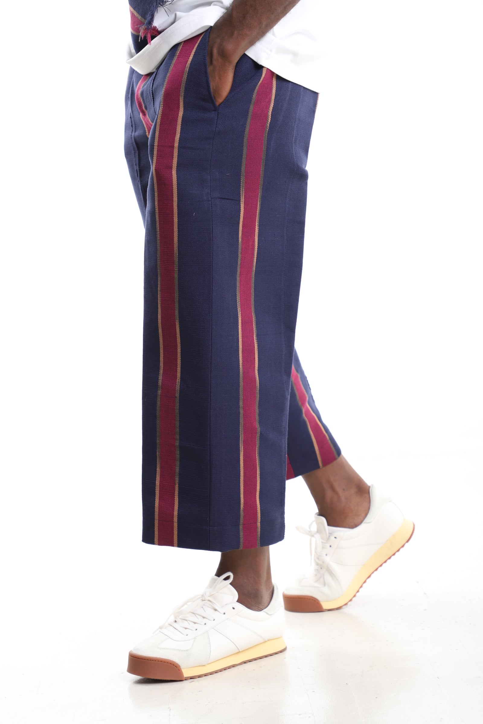 King Kaftan Navy and Magenta Handwoven Aso-Oke Cropped Trousers – Side View – African men's fashion Nigeria