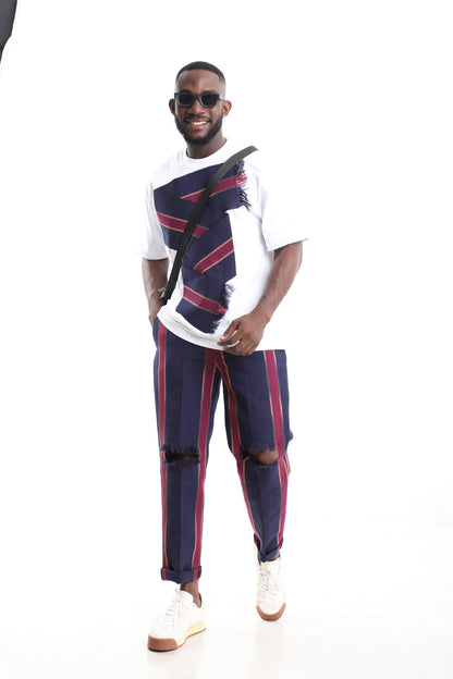 King Kaftan Distressed Aso-Oke Pants with White Cotton T-Shirt Set – Front View – African men's fashion Nigeria