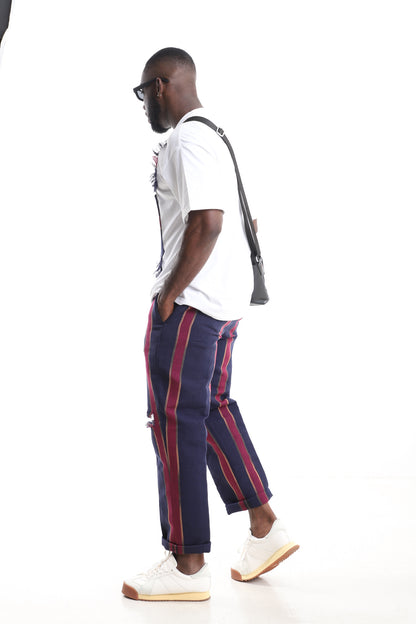 King Kaftan Distressed Aso-Oke Pants with White Cotton T-Shirt Set – Back View – African men's fashion Nigeria