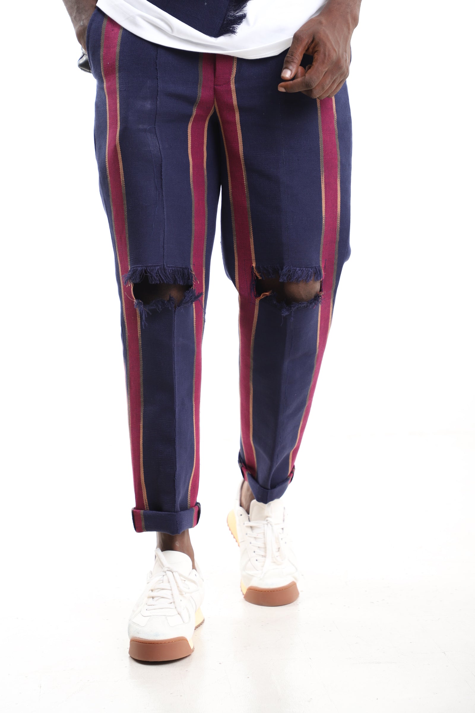 King Kaftan Distressed Handwoven Aso-Oke Tapered Striped Pants – Front View – African men's fashion Nigeria